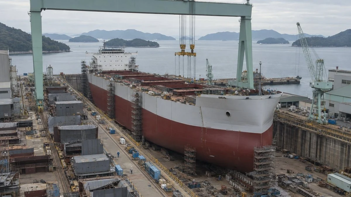 ドックで建造中のばら積み船とゴライアスクレーン