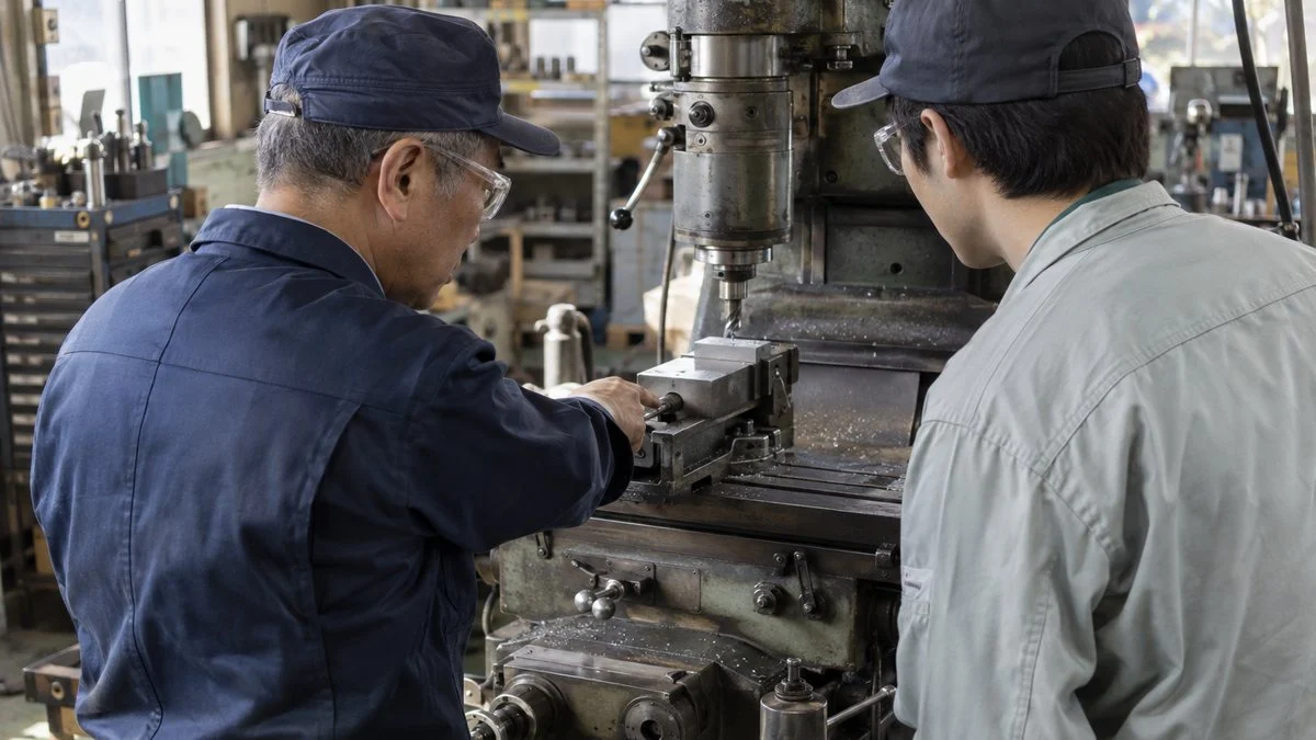 フライス盤の段取りを若手に教えるベテラン作業者