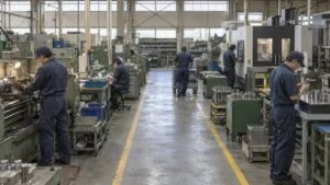複数の工程で作業員が働く機械加工・組立工場の通路