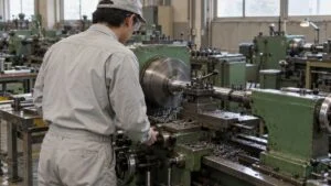 普通旋盤で丸棒を削る作業者の後ろ姿