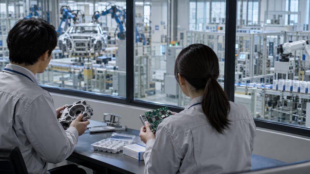 異業種の部品を比較し活用方法を検討する技術者
