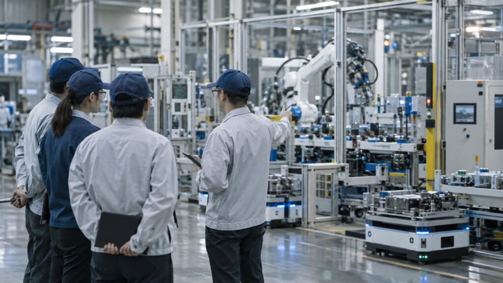 自動化設備の導入事例を現場で確認する担当者