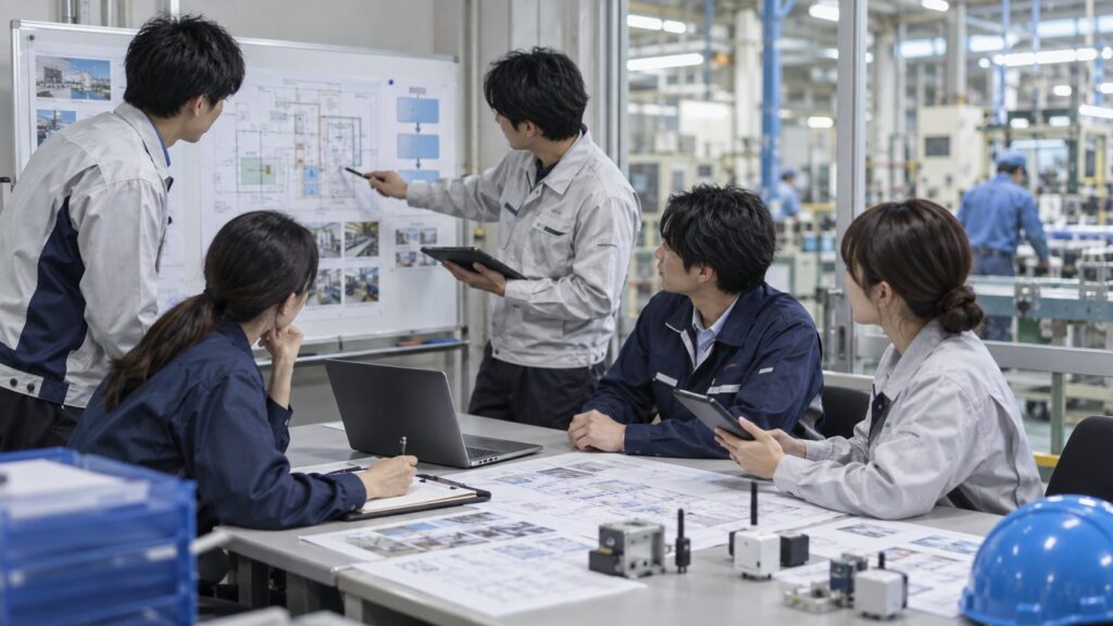 工場レイアウトを見ながら導入計画を協議するチーム