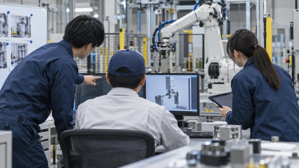 ロボット設備と画面を囲み技術を学ぶエンジニア