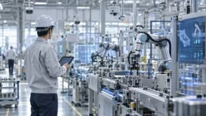ロボットが稼働するスマート工場を監視する技術者