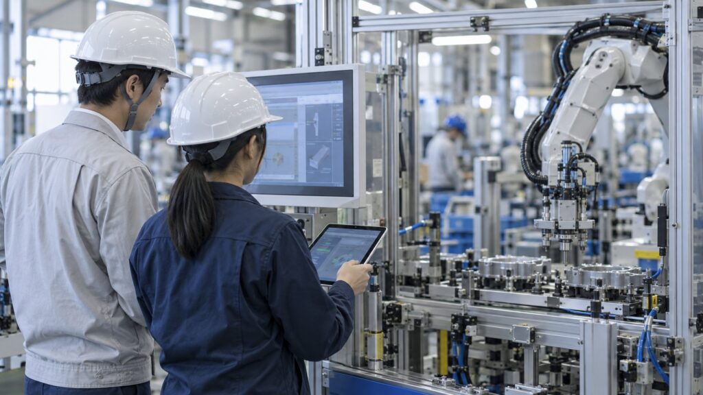 ロボット設備をタブレットで監視する工場技術者