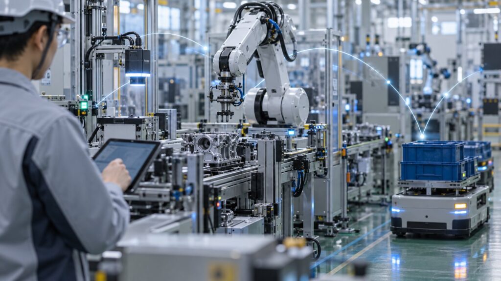 設備と搬送ロボットが連携する自動化生産ライン