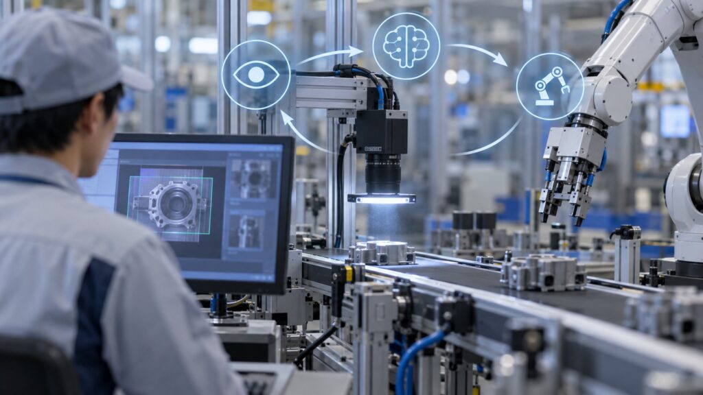 画像検査とロボット制御が連動する製造工程