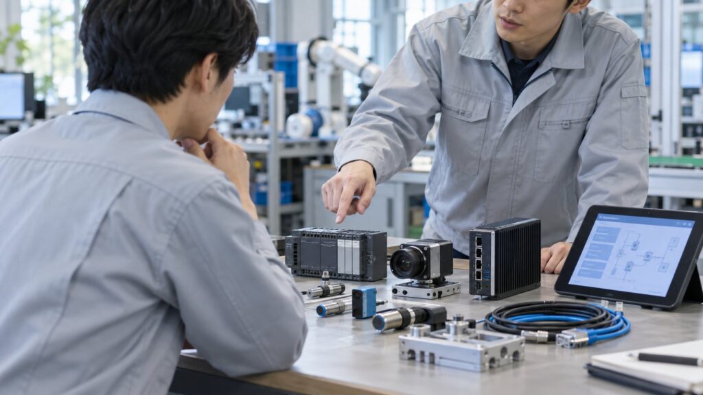 センサーやPLCなどを確認する工場技術者