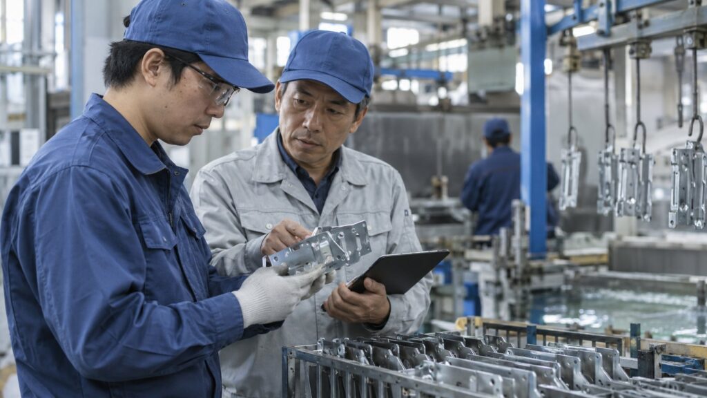 処理後の金属部品を現場で確認する技術者