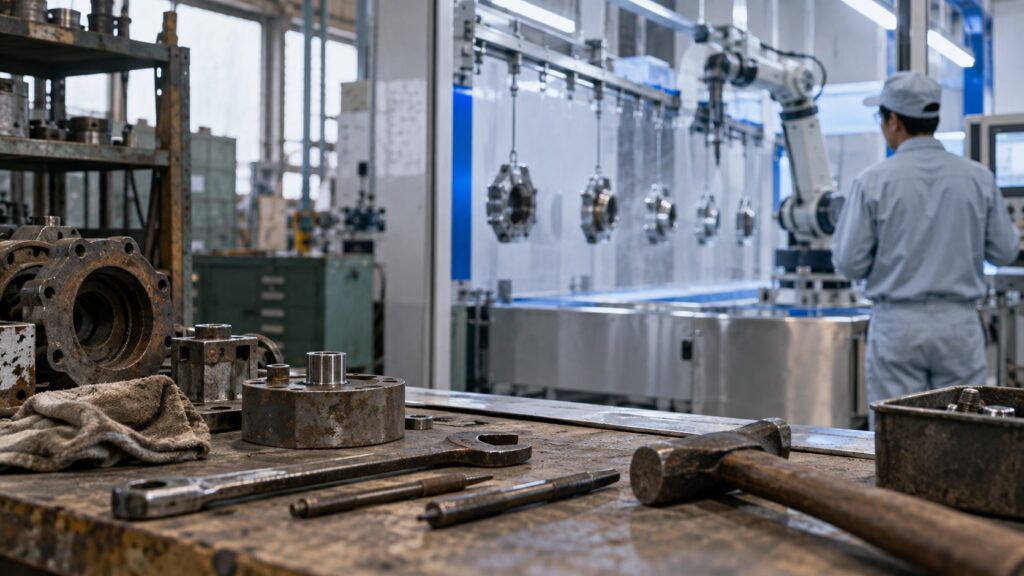 手作業設備と自動処理ラインが並ぶ工場