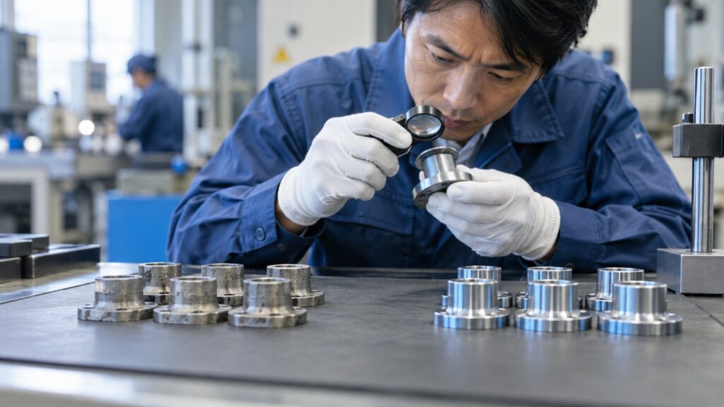 処理前後の金属部品をルーペで比較する技術者