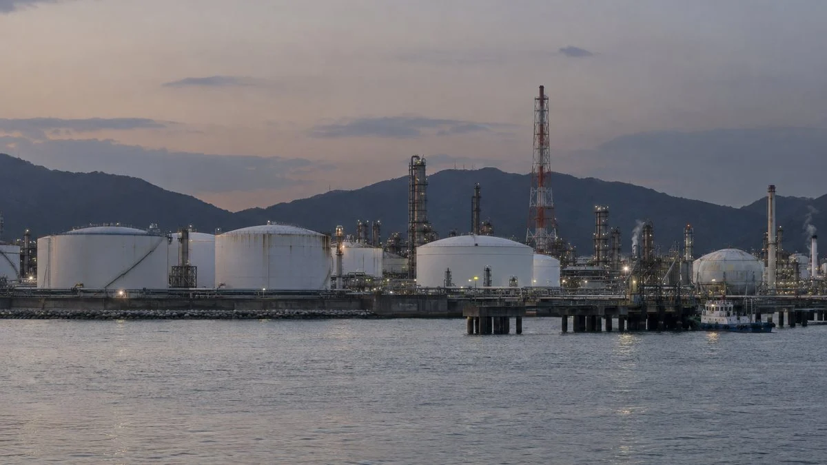 夕方の湾岸に並ぶ製油所の貯蔵タンク