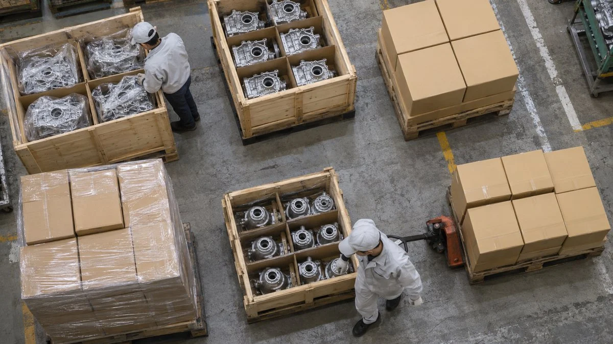 出荷場に並ぶ梱包済みの部品と木製の輸出用木箱