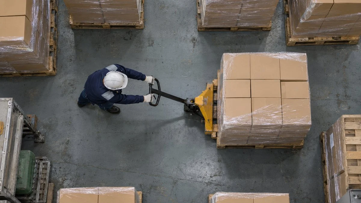 出荷場に並ぶ段ボール箱を積んだパレットの俯瞰