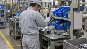 組立ラインの作業台でブラケットを締める作業者の後ろ姿