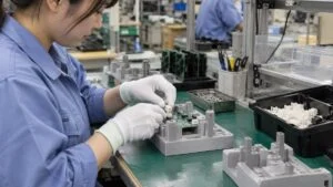 組立作業台で基板を保持する3Dプリント製の位置決め治具