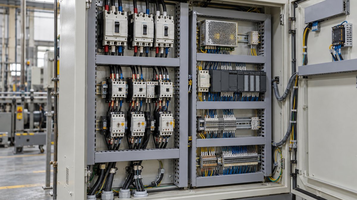動力用接触器と制御用電源・PLCを配置した工場の制御盤
