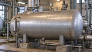 ボイラー設備の横形スチームアキュムレータを描いたイメージ