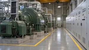 工場の発電機室に並ぶ発電機と励磁装置・配電盤