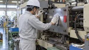 停止中の設備を清掃しながら点検する作業服のオペレーター