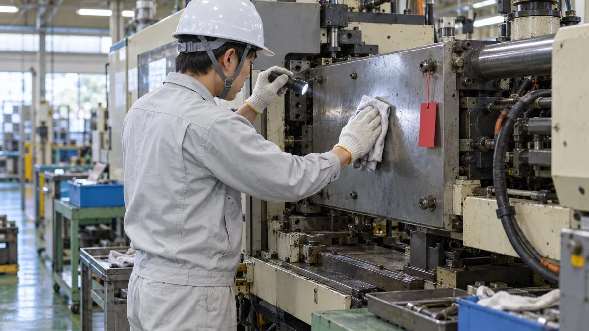 停止中の設備を清掃しながら点検する作業服のオペレーター