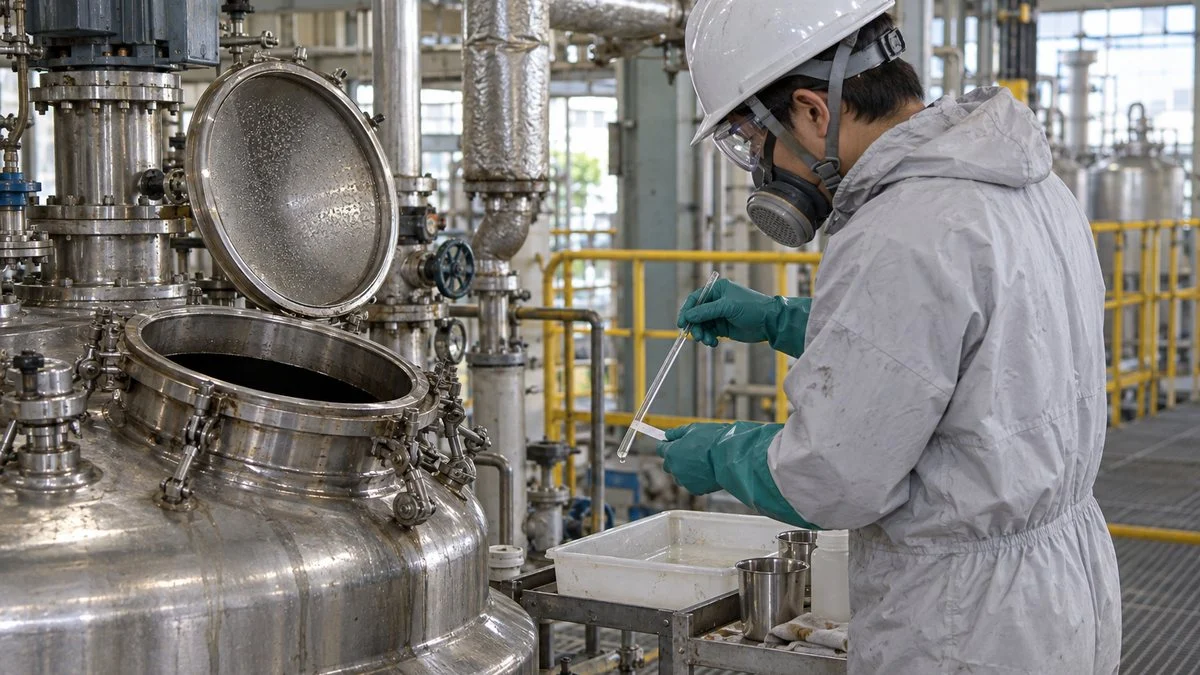 保護具を着けて反応槽の横で試験紙に液を付けて確かめる作業者