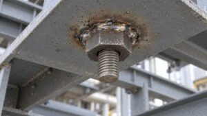 鋼板の裏に溶接した六角ナットと表から通したボルトの先端