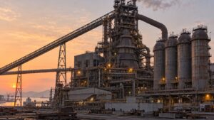 夕暮れの製鉄所に立つ高炉と4基の熱風炉
