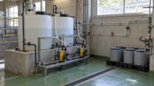 浄水場の薬品注入室に並ぶ塩素剤の貯槽と注入ポンプ