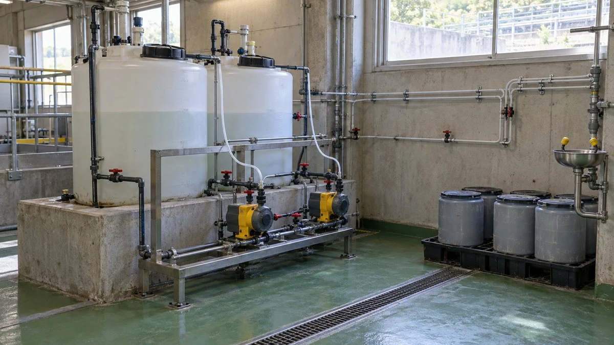 浄水場の薬品注入室に並ぶ塩素剤の貯槽と注入ポンプ