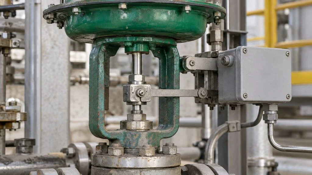 External stem and actuator linkage on a pneumatic control valve