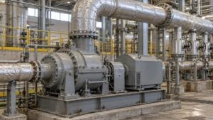 工場の自家発電設備の小型背圧タービンと発電機、上へ立ち上がる排気蒸気配管