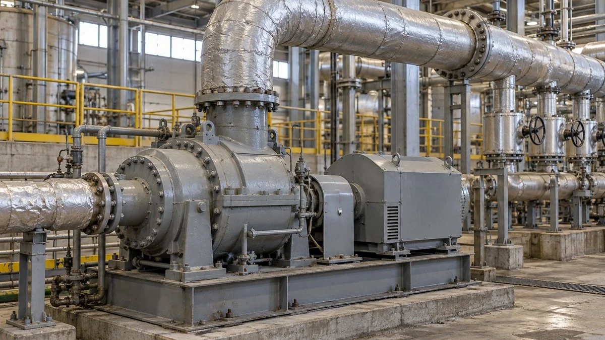 工場の自家発電設備の小型背圧タービンと発電機、上へ立ち上がる排気蒸気配管