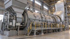 発電所のタービン建屋に据え付けられた大型ガスタービンと吸気ダクト