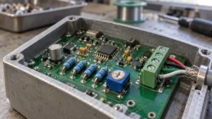 計測器の基板に並ぶ精密抵抗と調整用ポテンショメーター