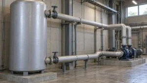 機械室の縦型の保温バッファタンクと循環ポンプへつながる配管