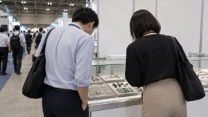 展示会のガラスケースに並ぶ電子部品をのぞき込む来場者の後ろ姿