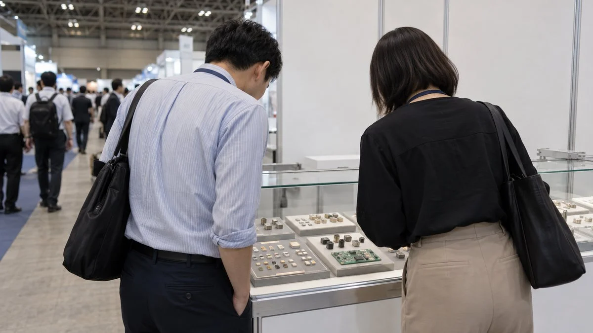 展示会のガラスケースに並ぶ電子部品をのぞき込む来場者の後ろ姿