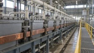 塩素酸ナトリウムをつくる電解槽が並ぶ電解工場の内部