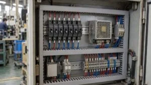 制御盤内の分岐保護器と電源装置、端子台