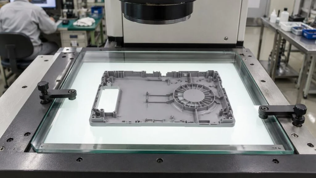 光学式測定機のステージに置かれた薄い樹脂カバー