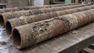 点検で外したボイラー過熱器管の外面に付いた灰とスケール、腐食した管の表面