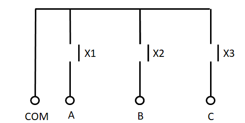 3つの接点の片側をまとめたCOM端子とA・B・Cの4端子の回路図