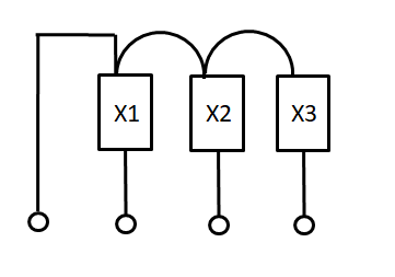 リレーX1〜X3の片側の端子を渡り配線でつないだコモン線の配線図