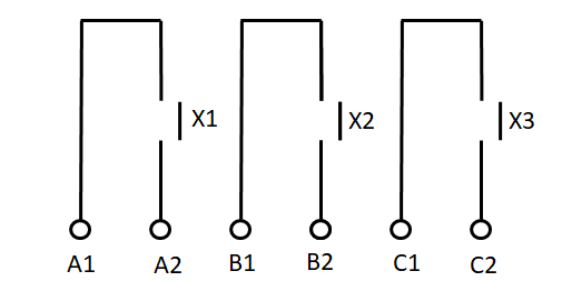 3つのリレーX1〜X3の無電圧接点と6つの出力端子A1〜C2の回路図