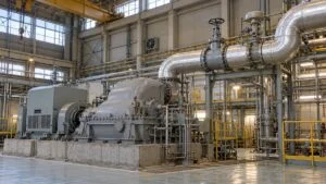 工場の自家発電設備の蒸気タービンと保温された蒸気配管
