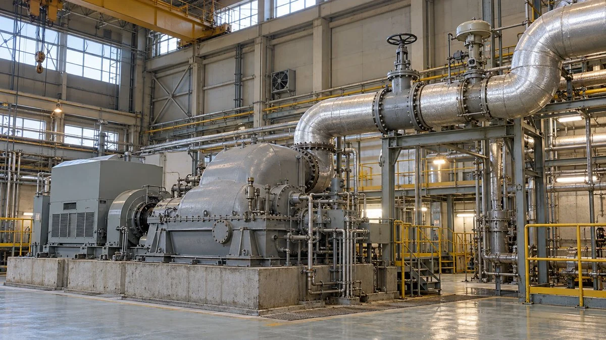 工場の自家発電設備の蒸気タービンと保温された蒸気配管