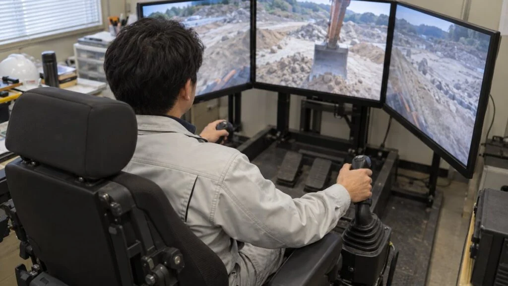 事務所内のコックピットから建設機械を遠隔操作するオペレーターの後ろ姿