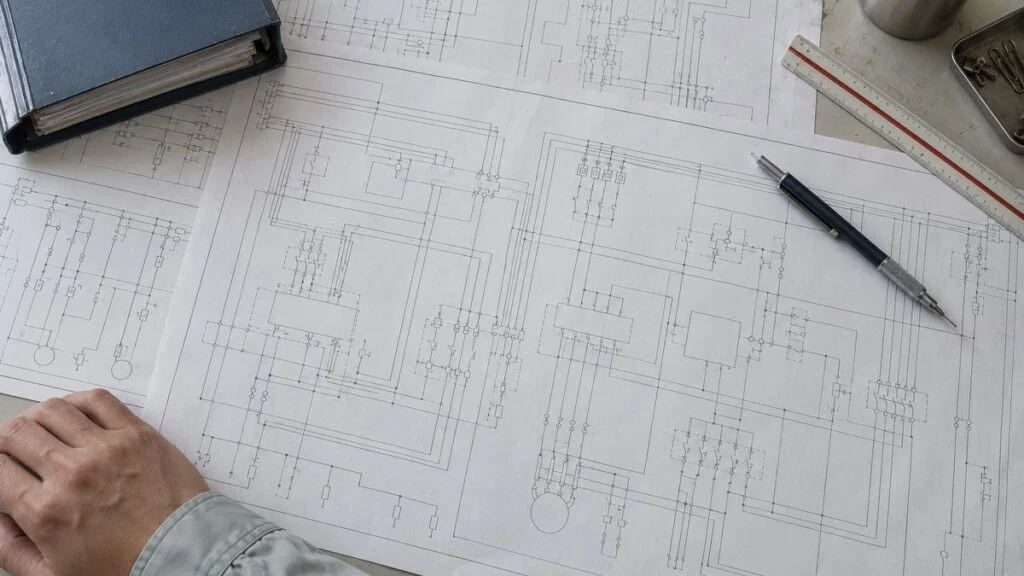 机に広げた電気図面を確認する設計者の手元